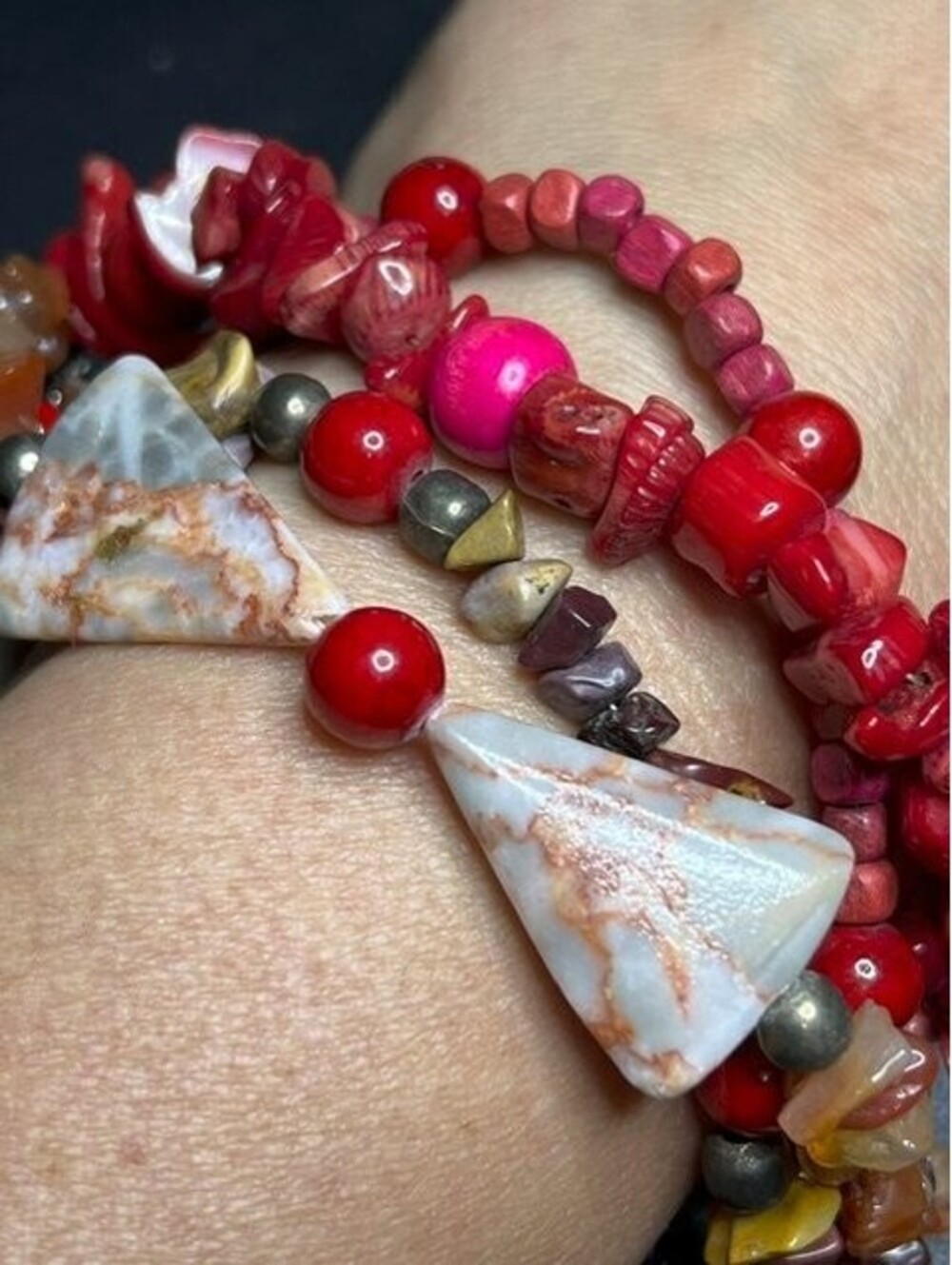 B7448 Unique artisan Beaded Red Coral Jasper Stone Stretch Bohemian Bracelet 8"